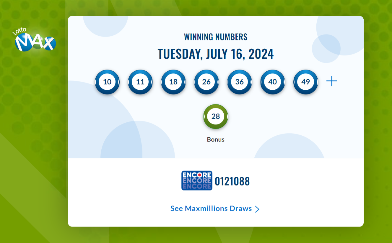 نتایج لاتاری Lotto Max کانادا (قرعه کشی سه شنبه ۱۶ جولای) اعلام شد.